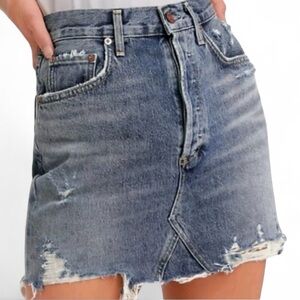 AGOLDE Quinn Medium Blue High Cut Off Distressed Denim Jean Mini Skirt 28